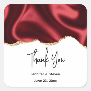 Dark Red Glam Wavy Satin - Wedding Thank You Square Sticker