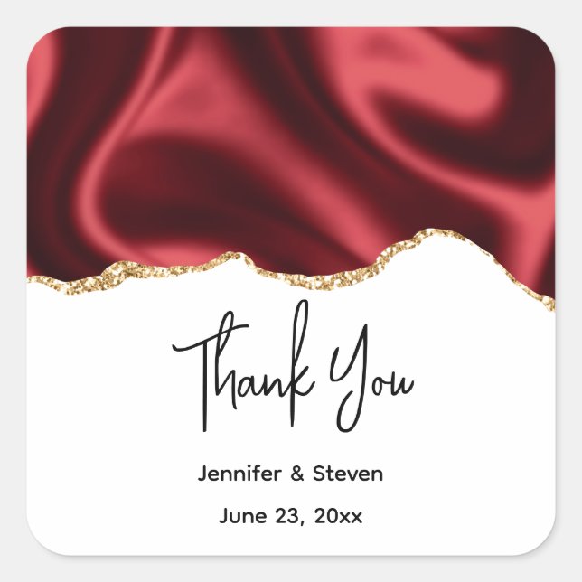 Dark Red Glam Wavy Satin - Wedding Thank You Square Sticker (Front)