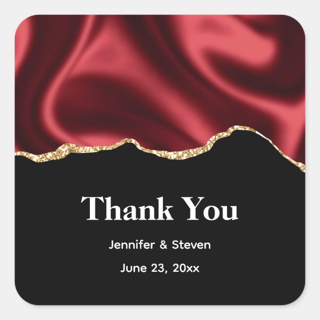 Dark Red Glam Wavy Satin - Wedding Thank You Square Sticker (Front)