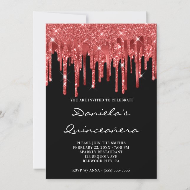 Dark Red Glitter Foil Drips Black Quinceañera Invitation (Front)