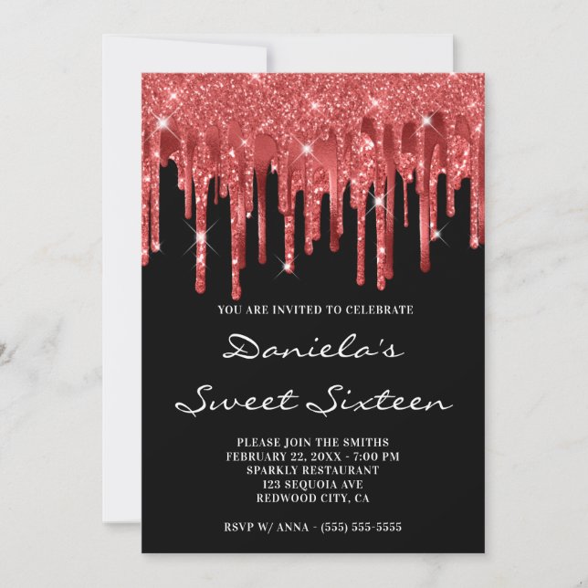 Dark Red Glitter Foil Drips Black Sweet Sixteen Invitation (Front)