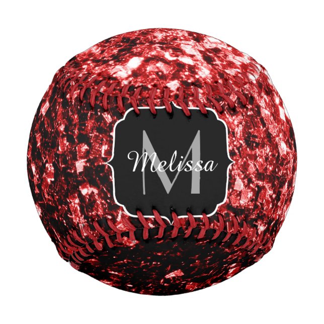 Dark red glitter sparkle bling Monogram name Baseball (Front)