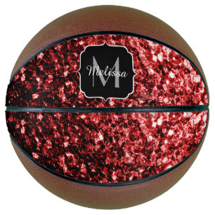 Dark red glitter sparkle bling Monogram name Basketball
