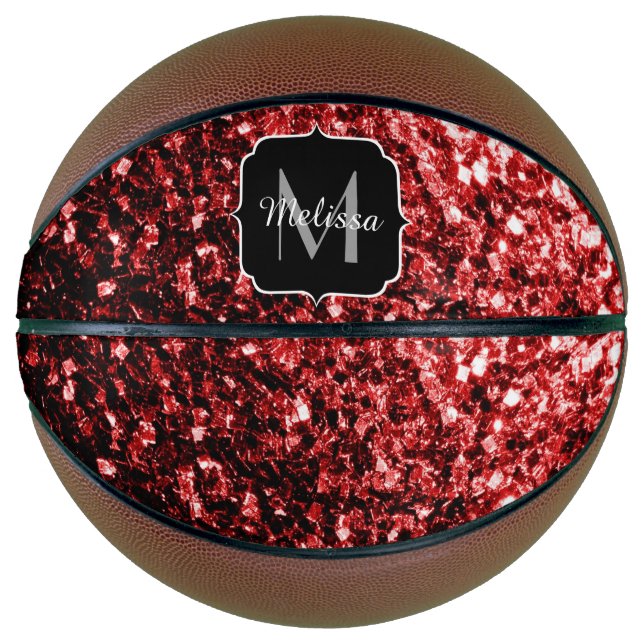 Dark red glitter sparkle bling Monogram name Basketball (Front)