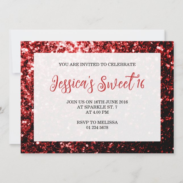 Dark red glitter sparkles Sweet 16 elegant script Invitation (Front)