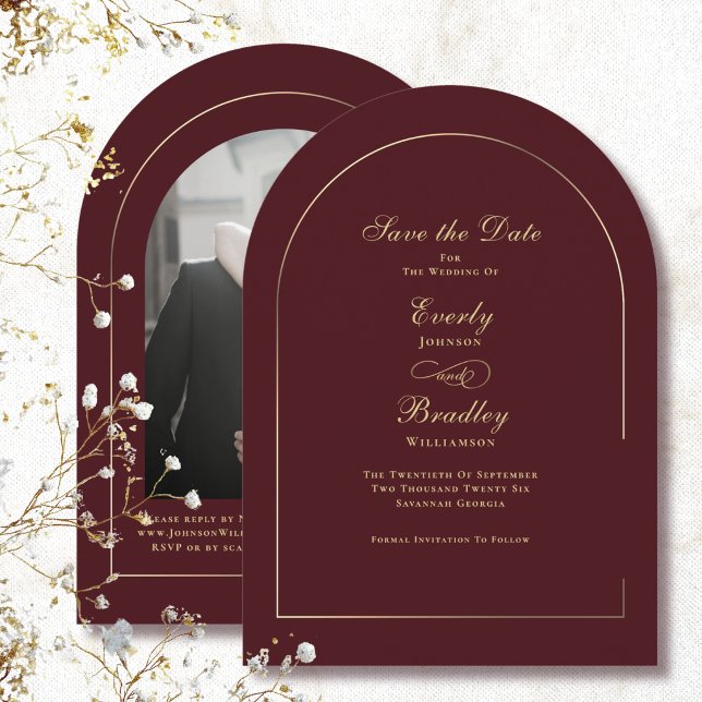 Dark Red Gold Arch Wedding Save the Date Invitation (Creator Uploaded)