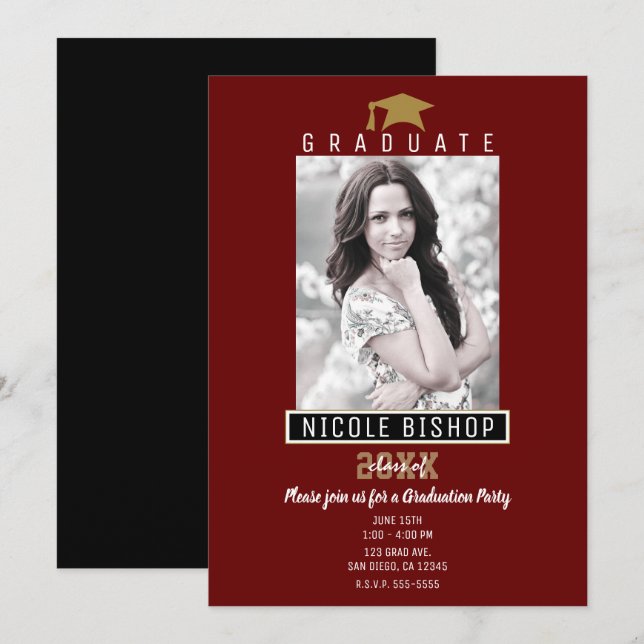 Dark Red Gold Black Modern Graduation Photo Party  Invitation (Front/Back)