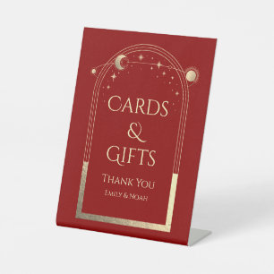 Dark Red Gold Celestial Cards and Gifts Pedestal Sign