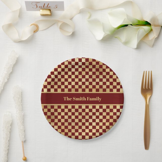 Dark Red Gold Chequered Paper Plate (Wedding)