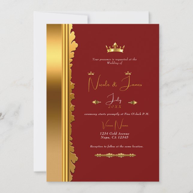 Dark Red & Gold Elegant Royal Glam Wedding     Invitation (Front)