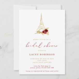 Dark Red & Gold Floral Eiffel Tower Bridal Shower Invitation