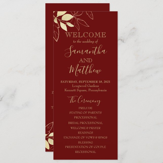 Dark Red & Gold Foliage Botanical Wedding Programme (Front/Back)