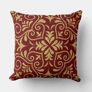 Dark Red & Gold Glitter Floral Moroccan Motive Cushion