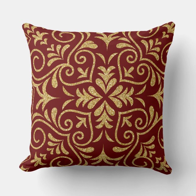 Dark Red & Gold Glitter Floral Moroccan Motive Cushion (Front)