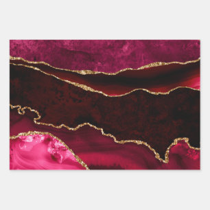 Dark Red & Gold Glitter Marble Agate Wrapping Paper Sheet