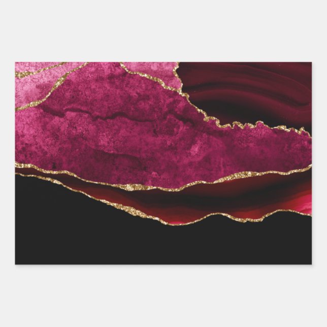 Dark Red & Gold Glitter Marble Agate Wrapping Paper Sheet (Front)