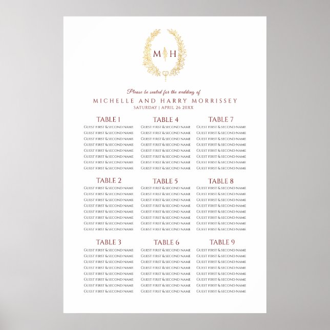 Dark red gold leaves wreath wedding seating chart (Front)