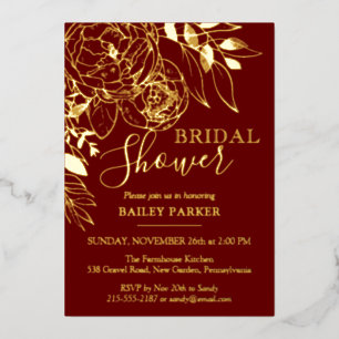 Dark Red & Gold Modern Floral Peony Bridal Shower