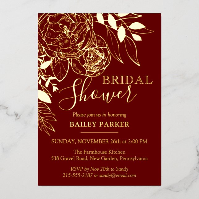 Dark Red & Gold Modern Floral Peony Bridal Shower (Front)