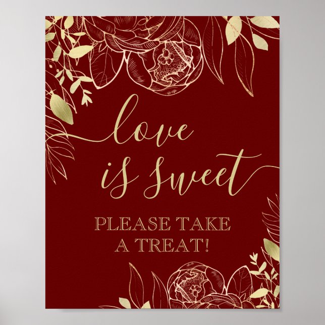 Dark Red & Gold Modern Floral Sweet Favour Table Poster (Front)