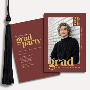 Dark Red Gold Modern Photo Graduation Party Invitation