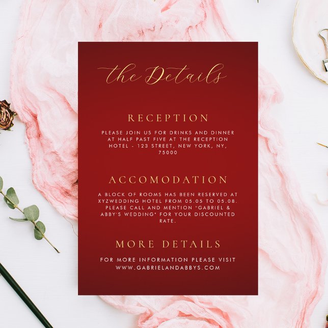 Dark Red & Gold Monogram Romantic Wedding Details Enclosure Card (Creator Uploaded)
