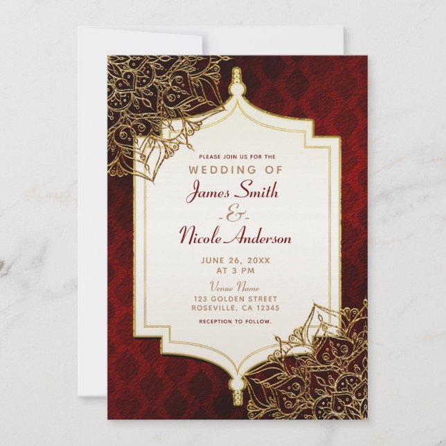 Dark Red & Gold Moroccan Arabian Nights Wedding In Invitation (Front)