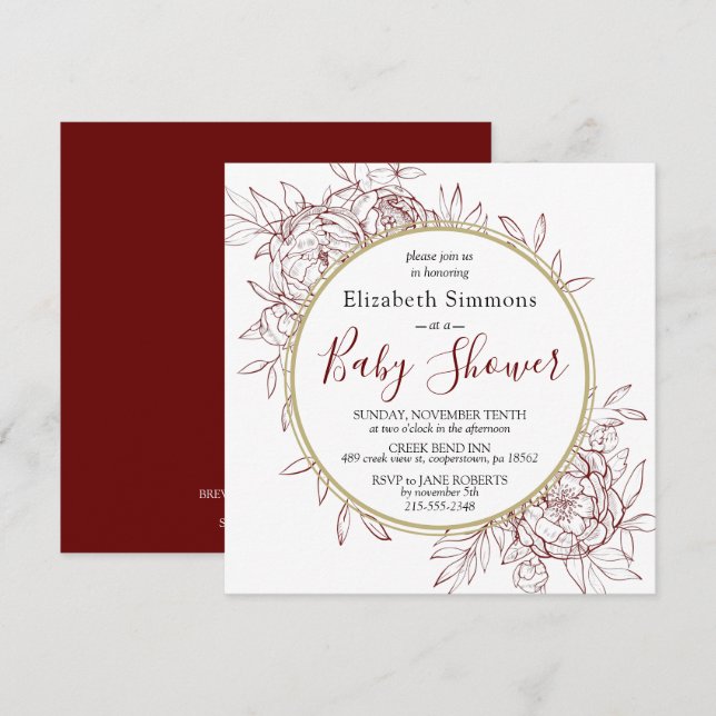 Dark Red & Gold Peony Floral Toile Baby Shower Invitation (Front/Back)