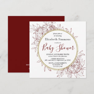 Dark Red & Gold Peony Floral Toile Baby Shower Invitation