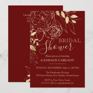 Dark Red & Gold Peony Modern Floral Bridal Shower Invitation
