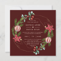 Dark Red Gold Pine Berry Christmas Wedding
