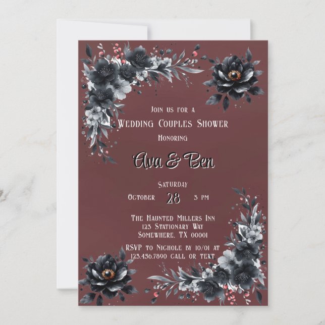 Dark Red Gothic Black Floral Wedding Couple Shower Invitation (Front)