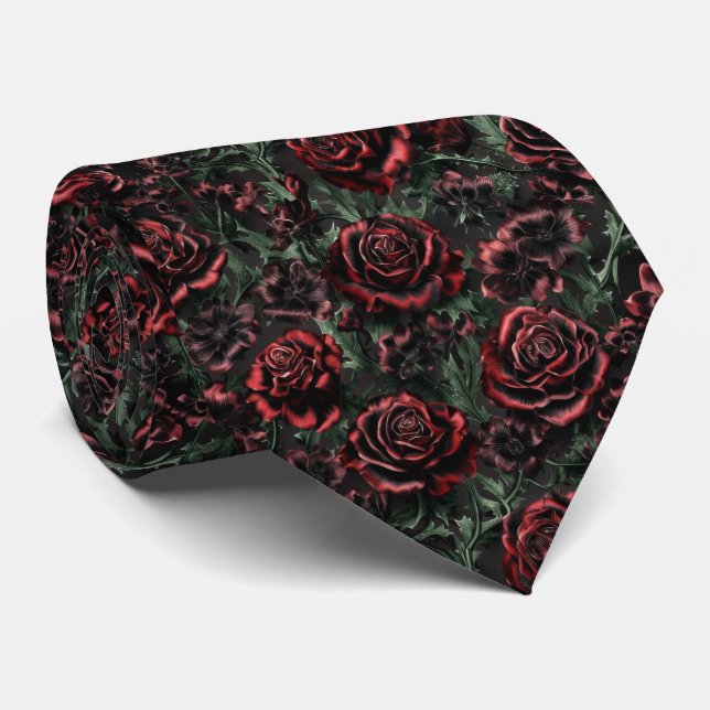 Dark Red Gothic Floral Pattern Tie (Rolled)