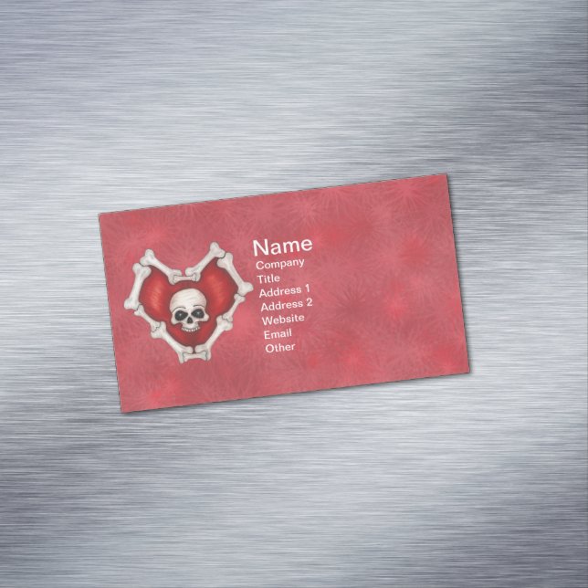 Dark Red Gothic Heart of Bones Skull Starbursts Magnetic Business Card (In Situ)