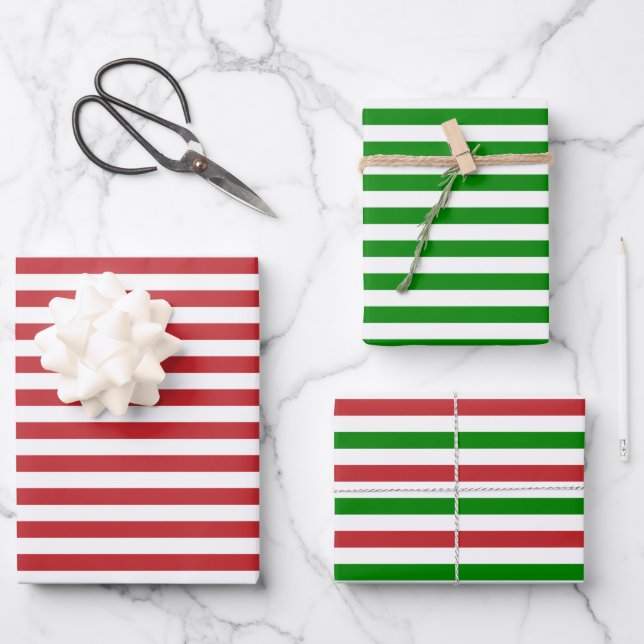 Dark Red, Green and White Stripes Wrapping Paper Sheet (Front)