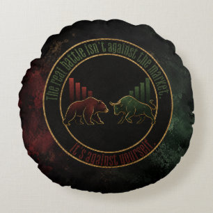 Dark Red Green Bull Bear Mindset Trader Design Round Cushion
