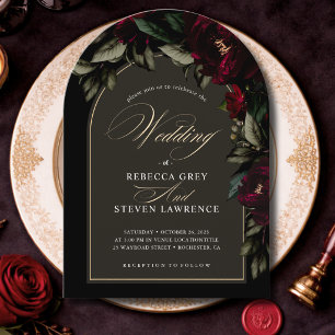 Dark red green floral moody gothic wedding arch invitation