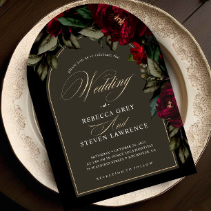 Dark red green floral moody gothic wedding arch invitation