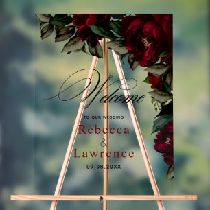 Dark red green floral moody gothic wedding welcome acrylic sign