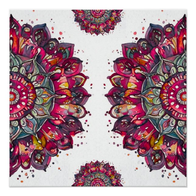 Dark red, green watercolor floral mandala poster (Front)