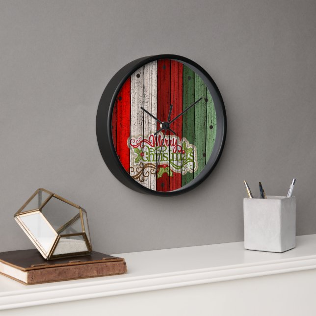Dark Red Green Weathered Wooden Planks Pattern Clock (Office)