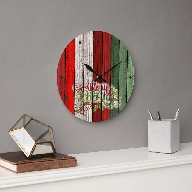 Dark Red Green Weathered Wooden Planks Pattern Large Clock (Office)