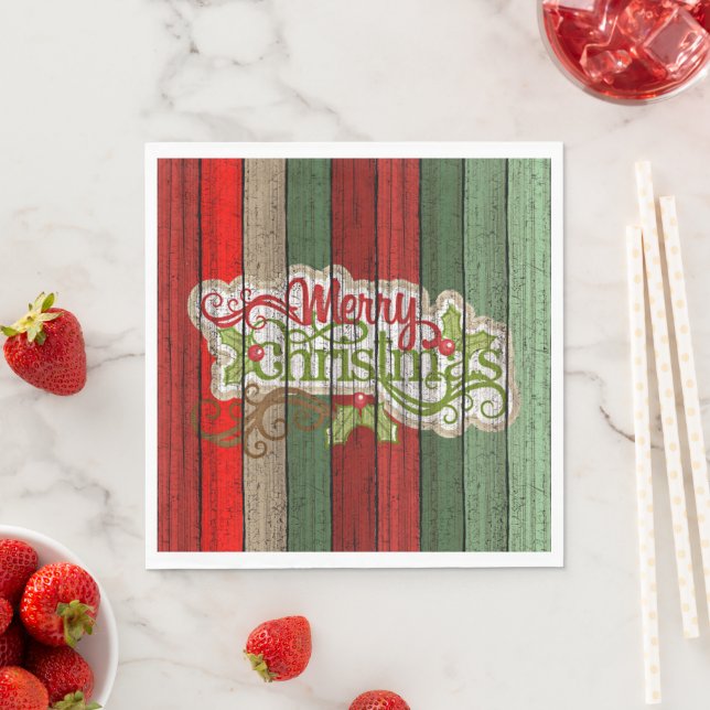 Dark Red Green Weathered Wooden Planks Pattern Napkin (Insitu)