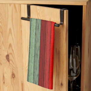 Dark Red Green Weathered Wooden Planks Pattern Tea Towel