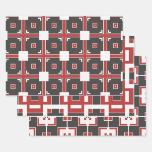 Dark Red Grey and White Mosaic Geometric Patterns Wrapping Paper Sheet