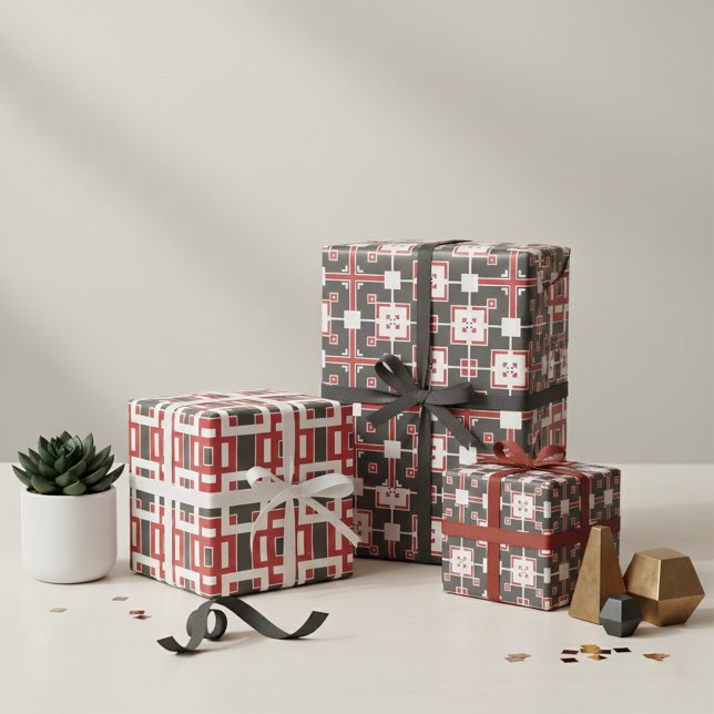 Dark Red Grey and White Mosaic Geometric Patterns Wrapping Paper Sheet (Creator Uploaded)