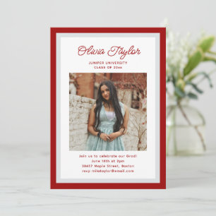 Dark Red Grey Border Photo Graduation Party Invitation