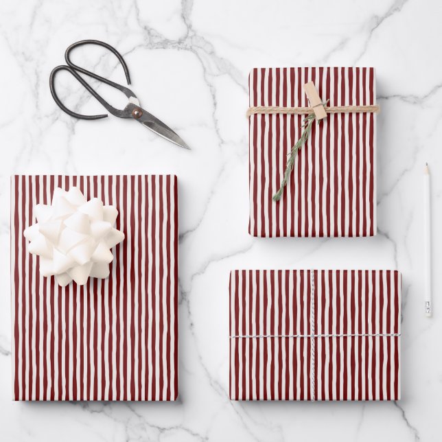 Dark Red & Ivory Wonky Stripes Wrapping Paper Sheet (Front)