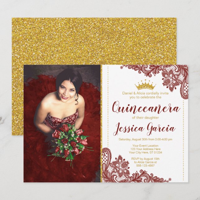Dark Red Lace & Glitter Gold Princess Quinceañera Invitation (Front/Back)