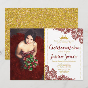 Dark Red Lace & Glitter Gold Princess Quinceañera Invitation